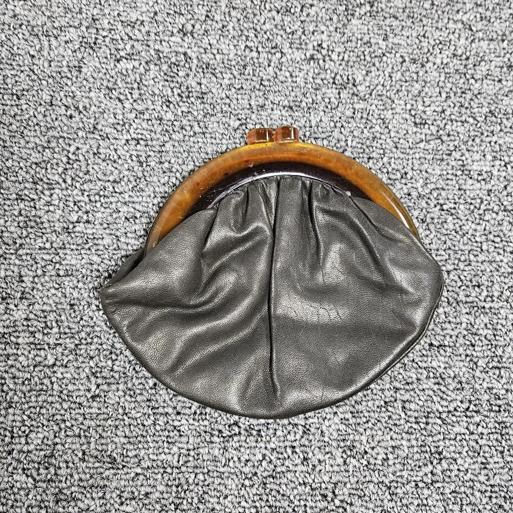 Vintage Bud‎ Leather Genuine Black Leather Coin Purse Bakelite Kiss Lock